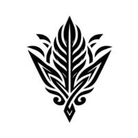 Intricate Black and White Illustration of a Stylized FeatherLike Floral Emblem with Symmetrical Elements and Sharp Geometric Forms on a Clean White Background. vector