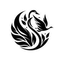 Elegant black and white featuring two swans intertwined with stylized leaves, one in flight, within a circular composition, evoking natures grace. vector