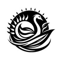 Elegant black and white stylized of a swan gracefully gliding on water amidst a circular backdrop, surrounded by abstract sun elements, portraying serenity. vector