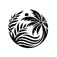 Monochromatic Circular Composition of Stylized Palm Tree, Ferns, and Water Elements, Suggesting Tropical Harmony. vector