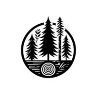 Minimalist monochrome forest scene within a circular frame, featuring pine trees, foliage, and a target, evoking tranquility. vector