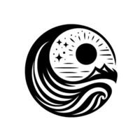 Celestial Harmony YinYanginspired showing the sun and stars over mountains and waves in a circular monochrome layout. vector