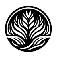 Stylized Black and White Floral Emblem Centered within a circular frame, an elegant, symmetrical of stylized leaves. vector