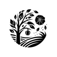 A stylized, circular illustrating an apple tree with a single fruit, abstract sun, and cultivated field. vector