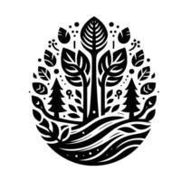 Stylized Monochrome Forest Landscape within Oval Composition Trees, Leaves, and Nature Elements. vector
