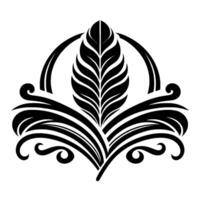 Stylized Monochrome Floral Emblem Featuring a Central Featherlike Element, Arching Details, and Ornamental Swirls on a White Background. vector