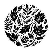 A circular monochrome arrangement of various stylized leaves, branches, and organic forms, creating a harmonious botanical pattern. vector