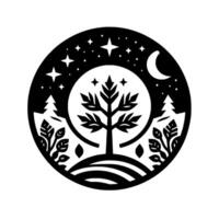 Serene Nightscape Silhouetted Tree, Moon, and Stars in a Circular Composition, Emphasizing Natures Calm Under a Dark Sky. vector