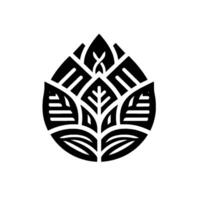 Abstract, symmetrical black and white floral emblem, a stylized leaf with intricate lines. vector