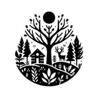 Black and White Illustration of Forest Scene Cabin, Deer, Trees, Sun and Foliage in an Oval Frame, Serene and Minimalist . vector