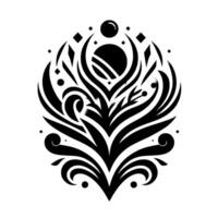 Symmetrical Black and White Floral Ornament with Geometric and Swirling Elements, a Central Sphere, and a Dark Texture. vector