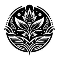 Intricate black and white botanical emblem in a circular , featuring stylized leaves, moon shapes, and geometric accents. vector