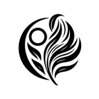 Abstract Yin Yang Inspired with a Circular Composition, Featuring Leaves and a Sun or Eye Motif in Black and White. vector