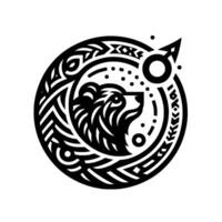 Black and white circular emblem featuring a stylized bear within an intricate geometric , accented with stars and arrowlike symbol. vector