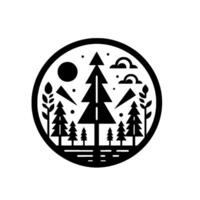 Black and white circular minimalist nature featuring trees, sun, clouds, and mountains, inside a circle frame. vector