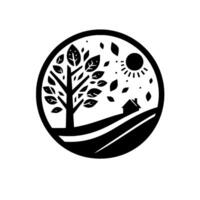Black and white silhouette of a tree, house, sun, and falling leaves within a circular frame, evoking simplicity. vector