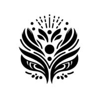 Black and white symmetrical floral mandalaesque with stylized leaves, dots, and radiating lines, set against a clean white background. vector