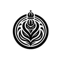 A symmetrical black and white emblem featuring a crown over a stylized floral within a circular frame, minimalist aesthetic. vector