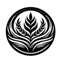 Minimalist Black and White Circular Emblem Depicting a Stylized Flourish of Leaves and Wheat, a Decorative Plant Motif. vector