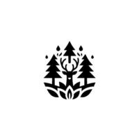Minimalist Deer and Forest A stylized black and white featuring a deer with majestic antlers, embraced by evergreen trees and a lush, floral base, with raindrop accents. vector