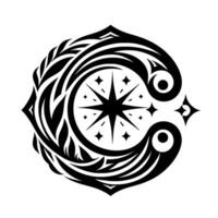 Intricate black and white symmetrical featuring a central starburst, surrounded by swirling patterns and decorative elements, set against a minimalist white background. vector