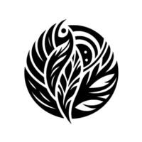 Abstract Black and White Illustration Featuring a Floral and FeatherLike Motif Encased Within a Circular, Decorative Frame with Geometric Elements. vector