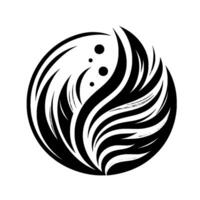 Abstract Yin Yang Symbol in a Circular Frame Black and White Illustration with Flowing, FeatherLike Elements and Decorative Dots. vector