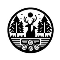 Stylized black and white circular emblem featuring a deer family in a forest scene with trees and geometric elements. vector