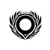 Bold monochrome emblem featuring a circular core and a laurel leaf crown, accented by three top dots and a stylized bottom point. vector