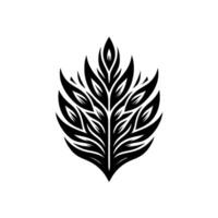 Symmetrical Black and White Illustration of a Stylized Leaf with Intricate Veinlike Detailing and a Sharp, Featherlike Silhouette Against a Plain Background. vector