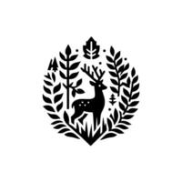 Minimalist Black and White Circular Emblem Featuring a Deer, Trees, and Foliage, Evoking a Rustic or Natural Theme. vector