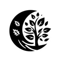 Monochromatic Tree of Life inside Crescent Moon with Falling Leaves, Symbolic Depiction in Black and White. vector