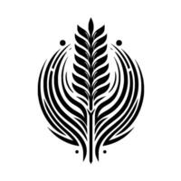 Symmetrical Black Wheat Symbol Surrounded by Abstract, Arcing Lines and Circular Accents on White Background. vector