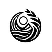 Intricate Black and White Circular Emblem Featuring Waves, Leafy Sprig, and Central Circle, Suggesting Harmony. vector