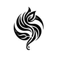 Symmetrical Black and White Abstract Floral Emblem with S Motif, Modern Element, Geometric, Minimalist Style. vector