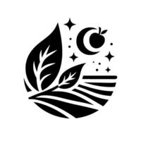 Stylized, Black and White Leaves Over Farmland Beneath a Crescent Moon with Apple and Stars in a Circular Composition. vector