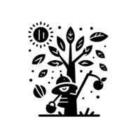 A minimalist black and white illustration of a farmer harvesting apples from a tree under a stylized sun, set against a white background. vector