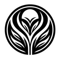 Stylized black and white floral emblem within a circle, featuring symmetrical leaf arrangements and a central element. vector
