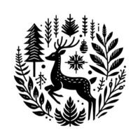 Black and white circular of a deer with antlers, surrounded by stylized winter elements like trees, leaves, and snowflake decorations. vector