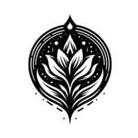 Abstract Black and White Floral Emblem LotusInspired within Geometric Circle with Starry Dots. vector