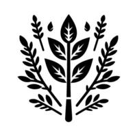 A symmetrical, stylized black and white botanical with a central plant, surrounded by sprigs and droplets. vector