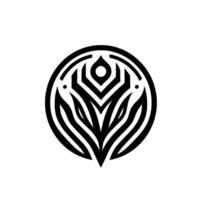 Black and white abstract tribal emblem within a circle, featuring stylized flame, leaf, or plant elements, on a plain white background. vector
