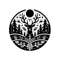 A stylized black and white illustration of a majestic deer with large antlers, encompassed within a forest scene, enclosed in a circular frame, under a black sun. vector