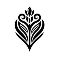 Elegant Symmetric Black Floral Emblem with Curls, Leaves, and Petal Top on a White Background. vector