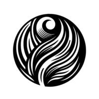 Abstract black and white circular , resembling stylized featherlike shapes, converging towards a central swirling element. vector