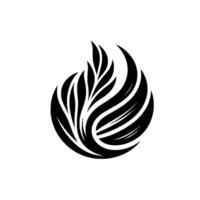 A stylized, abstract black and white featuring a symmetrical arrangement of curved leaves and sharp featherlike elements forming a spherical shape against a white background. vector