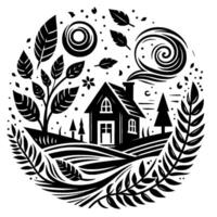 Stylized Black and White Nature Scene of a House Amidst Foliage, Trees, and Symbolic Celestial Elements in a Circular Frame. vector