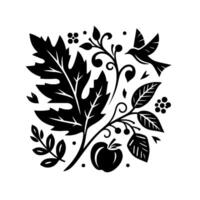 Black and white botanical featuring stylized leaves, an apple, berries, and a bird in a symmetrical, decorative composition. vector