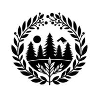 A monochrome emblem of forest, mountains and sun, encompassed by a laurel wreath, conveying natures tranquility. vector