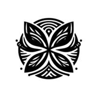 Symmetrical black and white floral with radiating lines, dot accents, and a circular striped background, creating a modern, abstract illustration. vector